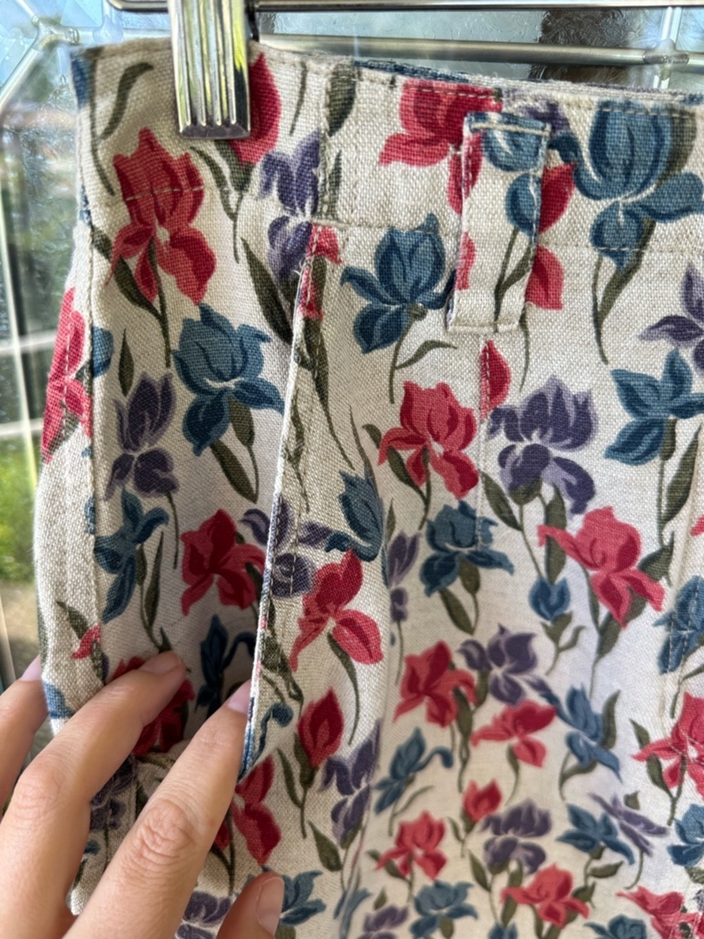 Vtg Lizwear Floral Cotton Linen Mini Skirt Size 10 Pockets Red Blue Purple Tan - Picture 5 of 5